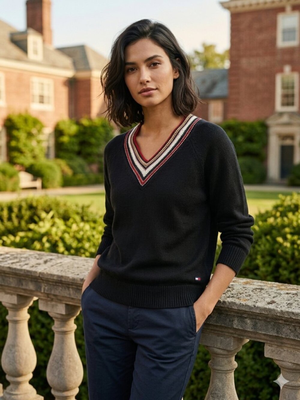 Tommy Hilfiger Women's Black V-Neck Varsity Stripe Sweater - Size L - Cotton Bl
